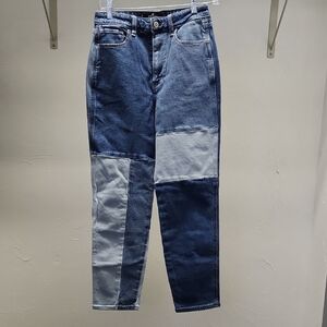 Hollister Women's Straight Leg Patchwork Jeans - Dark Blue & Faded Blue Colors